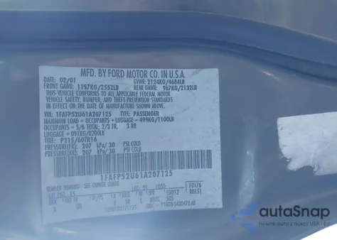 2001 Ford Taurus Lx z USA, uszkodzony, nr VIN 1FAFP52U61A207125